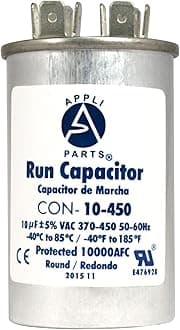 Appli Parts Condensador Capacitor de Marcha 10 Mfd uF (microfaradios) 370VAC o 450VAC CBB65 Universal Aire acondicionado y otras aplicaciones Redondo UL E476928 7.5cm Alto 3.7cm Ancho CON-10-450