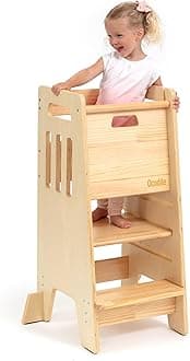 OCODILE Toddler Tower with a Sliding Door and 3 Adjustable Heights - Complete Toddler Kitchen Stool Helper with Support Feet - Safe Design for 18+ Months to 6-Year-Old Kids - Varnished