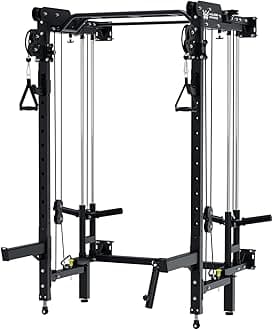MAJOR FITNESS F35 Folding Power Rack 4-in-1 Home Gym with Cable Pulley System, Multi-Grip Pull-Up Bar, Landmine, 80+ Exercises Space-Saving Gym Equipment Easy Folding for Small Spaces