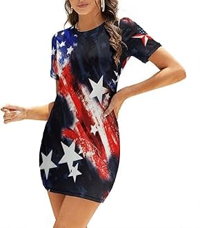 Fattyeery Womens Summer Casual Loose Dress American Flag Long Dress Short Sleeve for Girls Fashion Skirts M