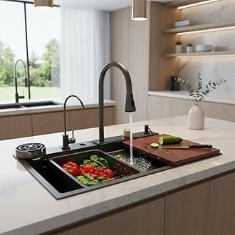 Premium 304 High Grade Stainless Steel Waterfall Kitchen Sink | 30x18x9 Inch | Nano Black | Anti-Scratch Honeycomb Design with Pull-Down Faucet | Modern & Multifunctional Kitchen Sink