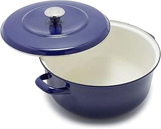 7QT Round Dutch Oven Casserole Pot with Lid, European Crafted Enameled Iron Stockpot, Induction & All Cooktops, Braising, Stews, Roasting, Slow Cooking, Sourdough, Cobalt Blue