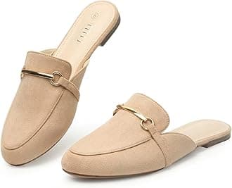 MUSSHOE Gold Buckle Mules for Women - Comfortable Memory Foam Loafers, Classy Slip On Flats for Office Business Casual, Dressy Pointed Toe Shoes