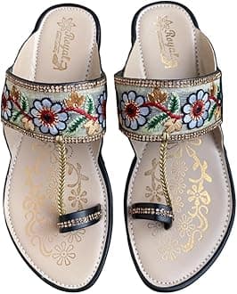TREXXYKolhapuri Embroidered Chappal for Women | Flat Fashion Sandals | Ethnic Slippers for Girls | Ethnic Flat Sandals | Toe-Ring Festive Slippers | Slip On Ethnic Flats Chappal