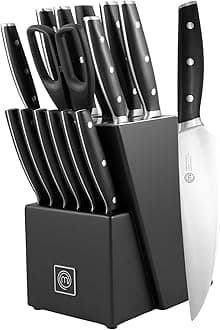 MasterChef Professional Kitchen Knife Block with Bread Knife, Chef, Santoku, Steak, Tomato, Scissors & Sharpener, High Carbon Stainless Steel, Triple Rivet Handles, 15 Pieces