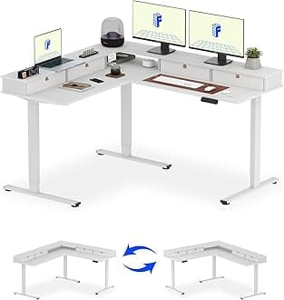 - 63" L Shaped Standing Desk with Shelf Electric Corner Table, Drawers, Adjustable Computer Workstation for Home, Office,63x55in, White Top + White Frame