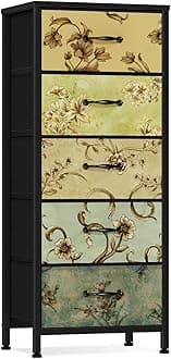 Furnulem Vertical Dresser for Bedroom, Tall Skinny Storage Tower with 5 Fabric Drawers, Chest of Drawers for Living Room, Dorm, Entryway, Vintage Furniture, Wood Top