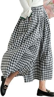 Women's Cotton Linen Pants Elastic Waist Plaid Gingham Wide Leg Capri Palazzo Pants