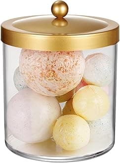 SheeChung Premium Quality Apothecary Jar - 50 Ounce Large Clear Plastic Storage Container Jar with Rust Proof Stainless Steel Lid, Bathroom Vanity Countertop Storage Organizer Canister (Gold)