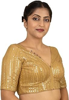 Women's Sequin V Neck Elbow Half Sleeve Readymade Saree Blouse E1