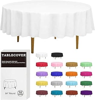 D&Z Plastic Table Cloth Disposable, 12 Pack White Round Tablecloth Individually Wrapped for Indoor&Outdoor, 84 Inch Table Cover for Party, Picnic, Birthday, Wedding & Dinner