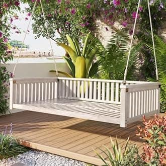 Porch Daybed Swing Outdoor Wooden Swing Bench, Patio Hanging Swing Chair Swinging Bed for Garden, Backyard, Deck, White