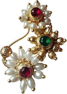 ArtNestTraditional Golden Nose Pin or Nath | Maharashtrian Pearl Design | Ethnic Round Nose Ring | Indian Bridal Jewelry | Women's Festival Accessory (N12)