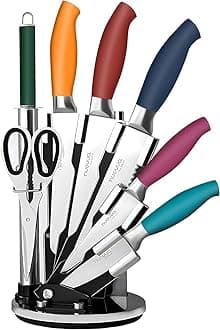 Kitchen Knife Set with Block - 8pcs Colourful Knife Block Set - Stainless Steel Knives - Spinning Block with Sharp Cooking Knives - by Nuovva