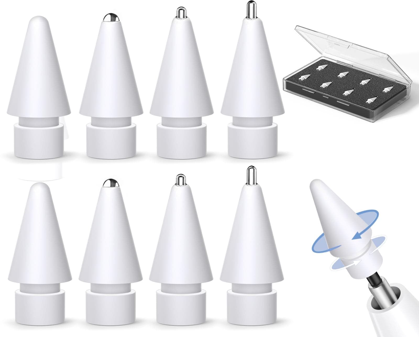 Inesore 8 Pack for Apple Pencil Tips Replacement Accessories,Compatible with Apple Pencil Pro/2nd Generation/1st Generation/USB C,iPencil Nib for iPad Pro/Air/Mini,for Drawing Writing(White Metal Nib)