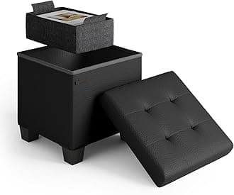 Storage Ottoman Cube with Small Bin, 15-in Square Ottoman with Storage for Living Room and Bedroom, Small Ottomans Foot Rest, Faux Leather Foot Stools Ottomans Max 330lbs, Black