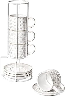 LE TAUCI Stackable Espresso Cups with Saucers and Stand, Set of 4, 4 oz Ceramic Coffee Cup Set for Double Shot, Lungo, Ristretto, Macchiato, Microwave & Oven Safe, Embossed, White