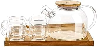 KHOLAD Glass Kettle 1 Teapot Wooden Lid with 1 Wooden Tray and 4 Tea Cup Tableware Serving Set Heat-Resistant Glass Hot Water Bottle Flower Brewed Loose Leaf Tea Filter Spout - 1000ml