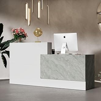 FAMAPY Reception Desk with Shelves, Modern Reception Table with Storage, Front Counter Checkout Table Retail Counter for Lobby Shop, White and Grey, 23.6”D x 86.6”W x 43.3”H