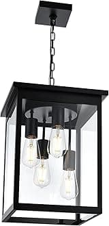 Large Outdoor Pendant Light Fixtures, 4-Lights Black Exterior Ceiling Hanging Lanterns with Clear Glass, Farmhouse Outdoor Chandelier for Front Door Entry Patio