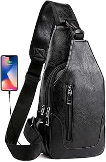 Men Sling Bag Anti Theft Shoulder Bag Small Leather Crossbody Sling Backpack with USB Charge Port Black