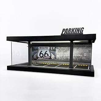 1/64 Diorama Plastic Display Case - Compatible with Hot Wheels Matchbox Mini GT Diecast Cars,for Model Car Display and Storage,Stackable Garage with LED Lights and Acrylic Cover (LM-Rou66)