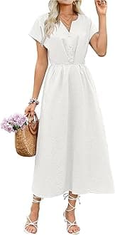 ECOWISHWomen Cotton Midi Dress: 2025 Button V Neck Casual Summer Dresses Short Sleeve A-Line Shirt Long Dress with Pockets
