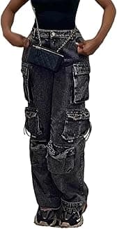 Vakkest High Waisted Cargo Jeans for Women Wide Leg Casual Baggy Trendy Denim Pants with Multi Pockets