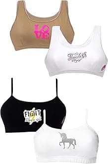 DChica Essentials Sports Bra for Girls, Cotton Non-Padded, Non-Wired Beginner T-Shirt Gym Workout Bra with Regular Strap, Training Bra for Teenagers (Pack of 4) Solid & Printed_Color May Vary