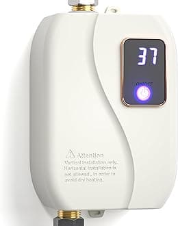 3000W Instant Water Heater, Tankless Electric Water Heater, On Demand Mini Water Heater, Stainless Steel Heating Elements, LCD Display, in-line Under Sink for Kitchen Bathroom, White