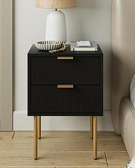 Nightstand,Morden Bedside Table with Gold Frame,Small White Night Stand,End Table,Bedside Furniture,Side Table with Drawer and Shelf for Bedroom,Living Room (2Drawers, Black)