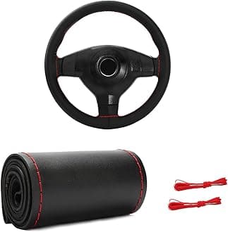 Genuine Leather Steering Wheel Cover, Stitch On Wrap for Steering Wheel up to Diameter 15 Inches, DIY Sewing Steering Wheel Protector, Car Accessories (Black & Red, Glossy)