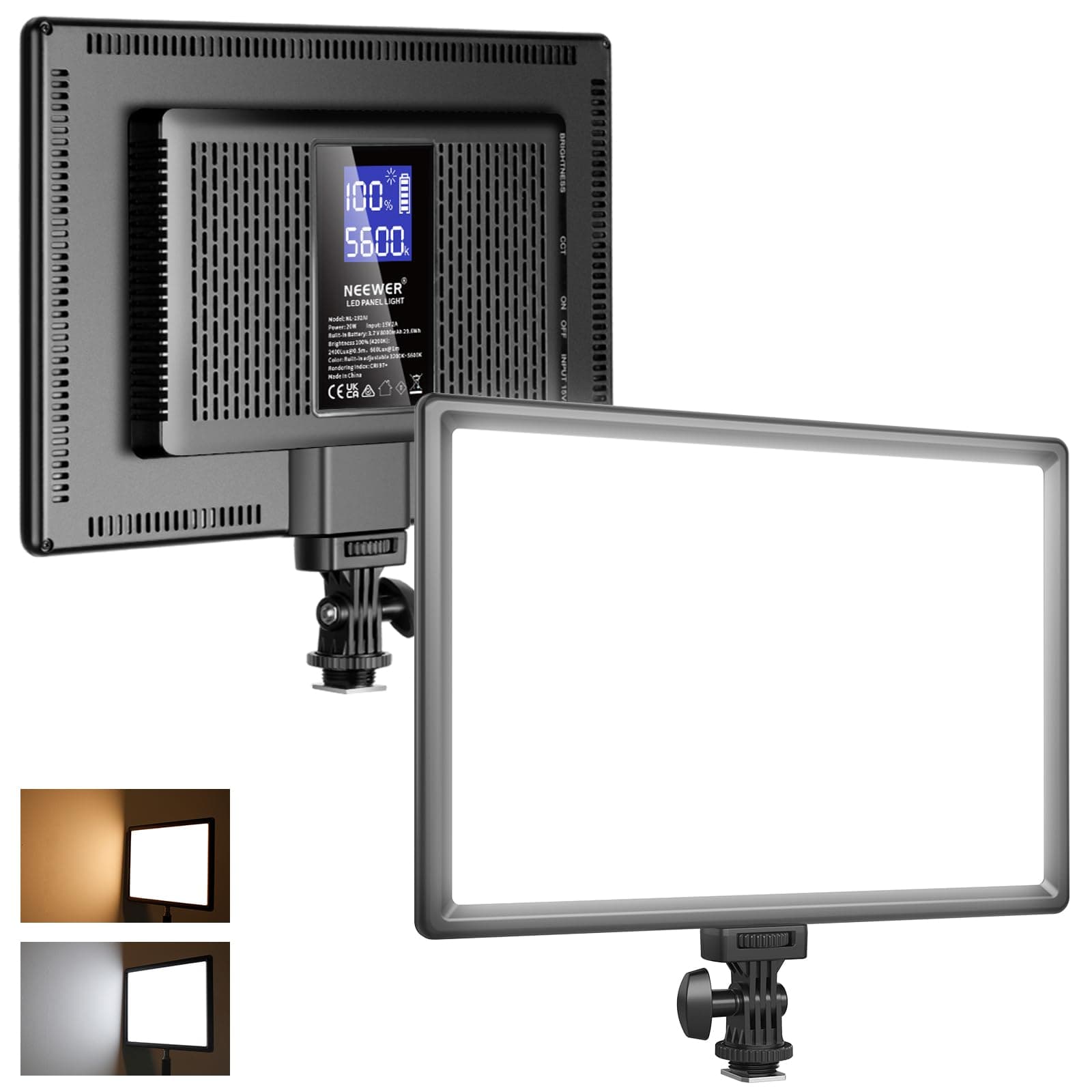 NEEWER 192 LED Video Light Panel, 20W Ultra Thin Bi Color Dimmable DSLR Camera Soft Light, 4000mAh Lithium Battery, 3200K-5600K CRI97+, Key Lighting for Studio Photography Recording Streaming