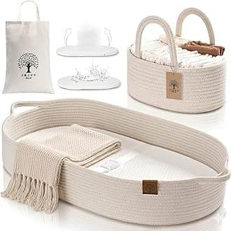 Baby Changing Basket - Breathable, Waterproof Covers, Wipeable Changing Pad for Changing Table Toper & Dresser, Cotton Rope Baby Basket (Light Cream/Bamboo, Caddy Set)