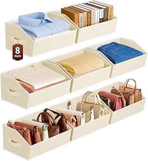 Large Closet Organizers and Storage Bins - 8 Pack Trapezoid Storage Baskets for Shelves, Foldable Fabric Baskets with Handles Ideal for Closet, Basket, Wardrobe and Shelf Storage, Beige