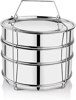 Embassy Stainless Steel Cooker Separator | Suitable for 10 litres Prestige Deluxe Plus Outer Lid Pressure Cookers | 3 Containers with Lifter | Dimension - 21x21x16 cm