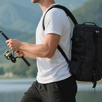Fishing Tackle Backpack with Rod & Bottle Holder, Lightweight Outdoor Water-Resistant Fishing Gear Shoulder Storage Bag (Black)