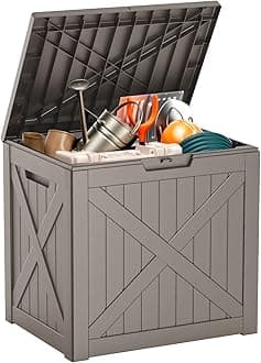 ROJIK Outdoor Storage Housing Deck Box - Waterproof Patio Furniture, Garden Tools, Cushions, Pool Accessories Storage Bench with Lockable Lid and Side Handles (Grey 38 Gal)