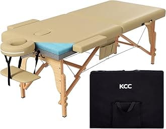 KCC Memory Foam Portable Massage Table, Foldable Tattoo Table Lash Bed Height Adjustable，28 Inchs Wide Home Salon Spa Bed Accessories &Carrying Case，Easy Set Up,Sturdy Wooden Feet,Beige