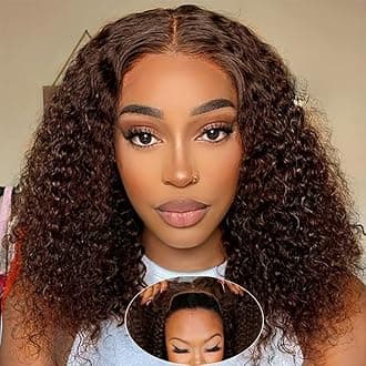 Chocolate Brown Glueless Bob Wig Human Hair Wear and Go 4x4 Pre Cut Lace Closure Deep Wave Bob Wig 180% Density Curly Human Hair Wig for Black Women Beginner Friendly (Glueless Wigs, 14inch)