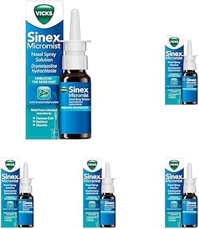 Vicks Nasal Spray, Sinex Micromist Decongestant Nose Spray for Blocked Nose with Oxymetazoline, Unblocks The Nose Fast, Blocked Nose Relief, Cold Virus Blocker, Menthol Aroma, 15 ml (Pack of 5)
