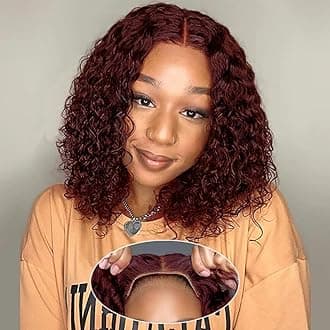 Burgundy Glueless Wigs Human Hair Pre Plucked Pre Cut 4x4 Lace Closure Wear and Go Deep Wave Bob Wig 180% Density 99J Curly Human Hair Wigs for Black Women (Burgundy Wig, 10in)