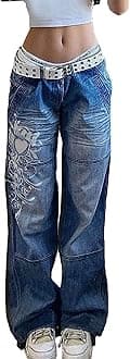 Women's Low Rise Heart Pattern Baggy Jeans Washed Wide Leg Denim Cargo Pants