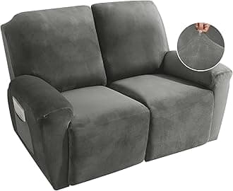 MAXIJIN Recliner Loveseat Slipcover, 6 Pieces Stretch Velvet Reclining Sofa Cover, 2 Seater Love Seat Recliner Couch Cover, Thick, Soft, Washable Furniture Cover (Loveseat Recliner, Gray)