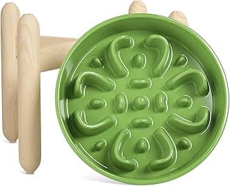 Ceramic Slow Feeder Dog Bowls Elevated, 3 Cup Raised Bowl with Wooden Stand for Medium Large Breed, Slow Down Eating, Puzzle Dog Food Bowl, Clover Green