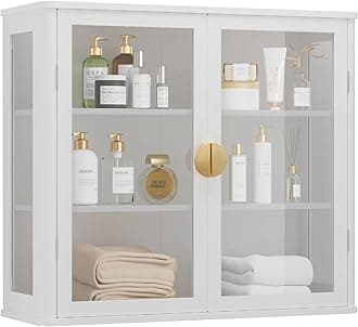 Bathroom Wall Cabinet,White Glass Display Wall Mounted Cabinet, Wall Cabinet with Tempered Glass Doors, Laundry Storage Cabinet, Floating Cabinet with Adjustable Shelves for Living Room, Kitchen