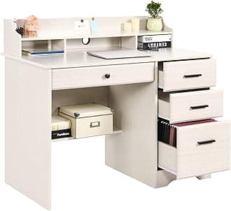 White Home Office Desk with 4 Drawers & Hutch, Computer Table for Bedroom, Off-White