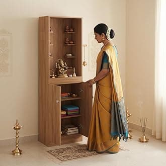 FURNEASER Adya Mandir, Big Size Temple for Home with Storage Cabinet, Pooja Stand, Mandir with Doors, Floor Standing Puja Room Altar for Living Room (DIY - Exotic Teak Finish) 161x50x32 cm