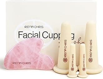 Rena Chris Facial Cupping Set & Gua Sha Tool - Silicone & Rose Quartz - Face Cupping Therapy for Puffiness, Lip Plumping (Pink)