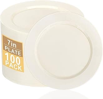 I00000 100 Pc Ivory Plastic Plates,7inch Cream Dessert Plates, Elegant Disposable Plate Perfect for Birthday, Wedding, Baby & Bridal Shower or Party (100 Guests)